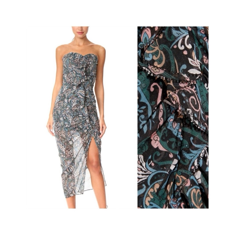Veronica Beard Peyton Strapless Ruched Silk Chiffon Dress (Sz 2) Floral Paisley
